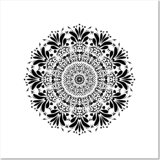 Black and White Floral Leaf Mandala Flower Posters and Art